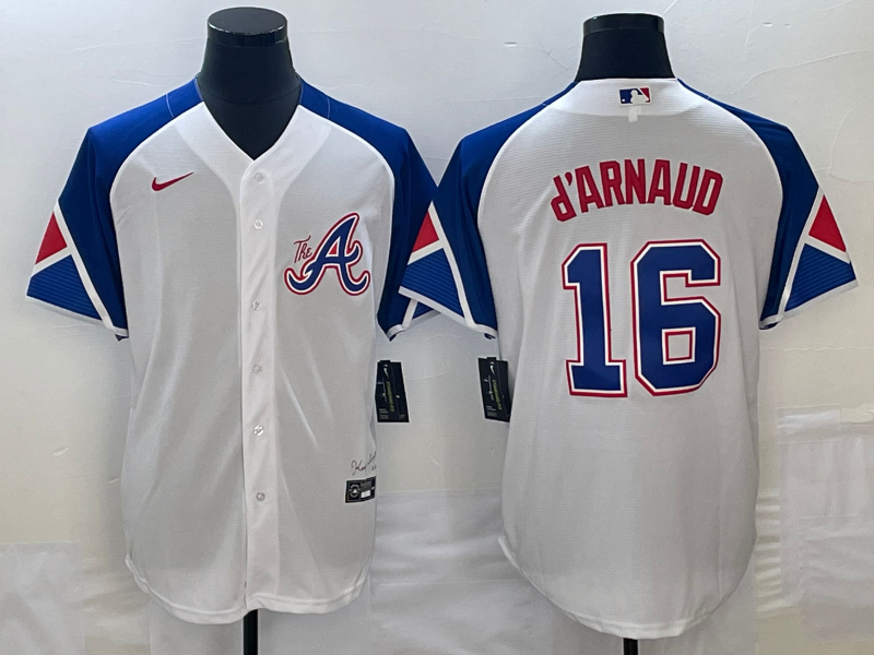 Men's Atlanta Braves #16 Travis d'Arnaud White 2023 City Connect Cool Base Stitched Baseball Jersey